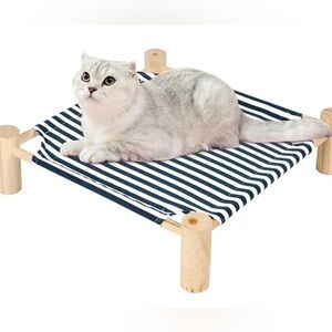 Set of 2 Striped Elevated Cat or Small Dog Bed. Wood And Fabric.